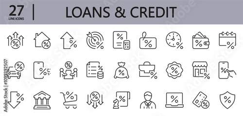 Loan and Credit line icons set with Payment, Interest, Bank, Interest Rate, Finance, Tax, Time, Credit, Insurance and more. Editable Stroke