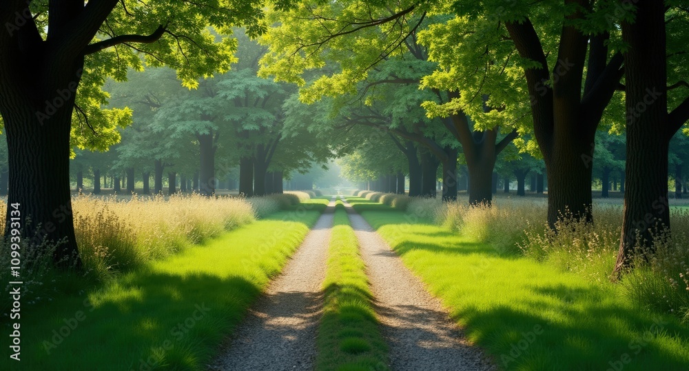 Fototapeta premium One gray grass path surrounded by summer trees, viewed at human eye level, ultra-realistic, emphasizing the texture of the grass and the lush, vibrant summer foliage.