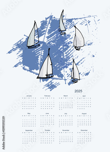 2025 calendar template with hand drawn yachts, boats, sea, sails, regatta, yachting, fishermen, sailor