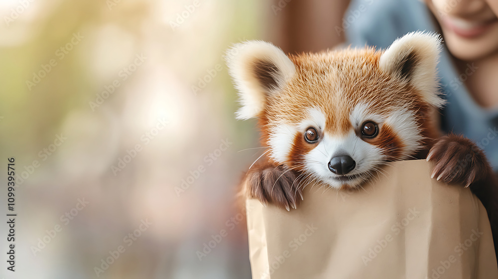 Obraz premium Woman's hand holding a eco-friendly bag that a cute red panda peeking out