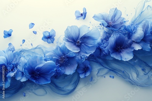 Blue flowers with flowing blue paint on a white background.