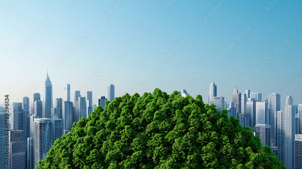 Fototapeta premium Travel adventure accommodation concept. A vibrant green hill rises amidst a modern city skyline, symbolizing the balance between nature and urbanization.