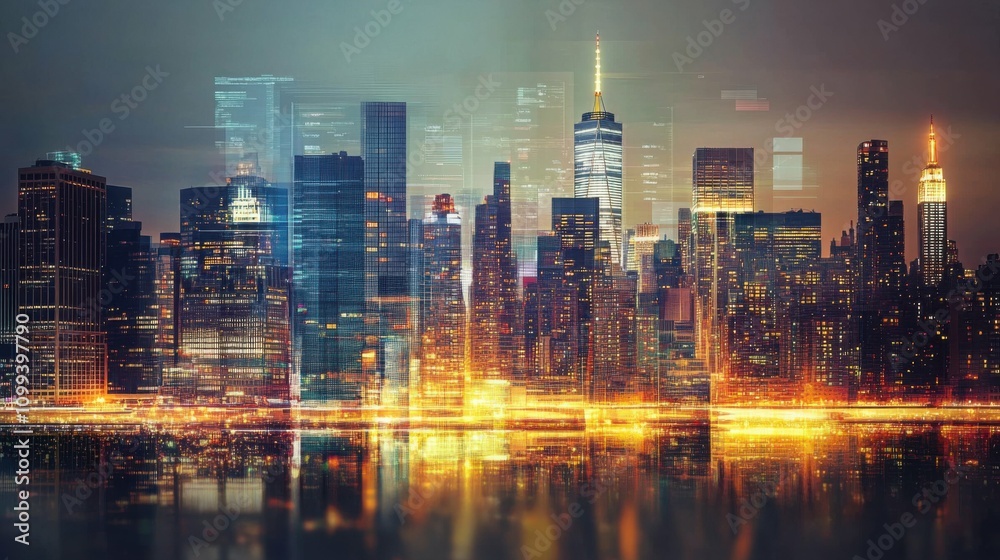 Obraz premium Graph and data overlay on a cityscape at night; highlighting the impact of technology on urban living.