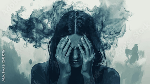 Morning migraine, chronic fatigue and nervous tension, stress or flu symptom, hard to wake up concept. Young woman with strong headache, tired and exhausted girl holding head. Simple flat vector