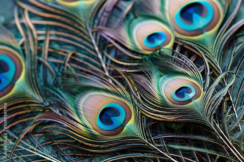 Obraz premium Vibrant Peacock Feathers Iridescent Blues, Greens, and Browns