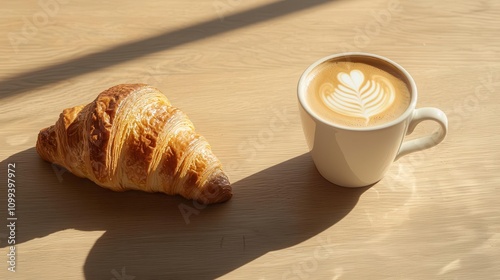 Latte and chocolate croissant on a wooden table in a sunlit coffee bistro photo