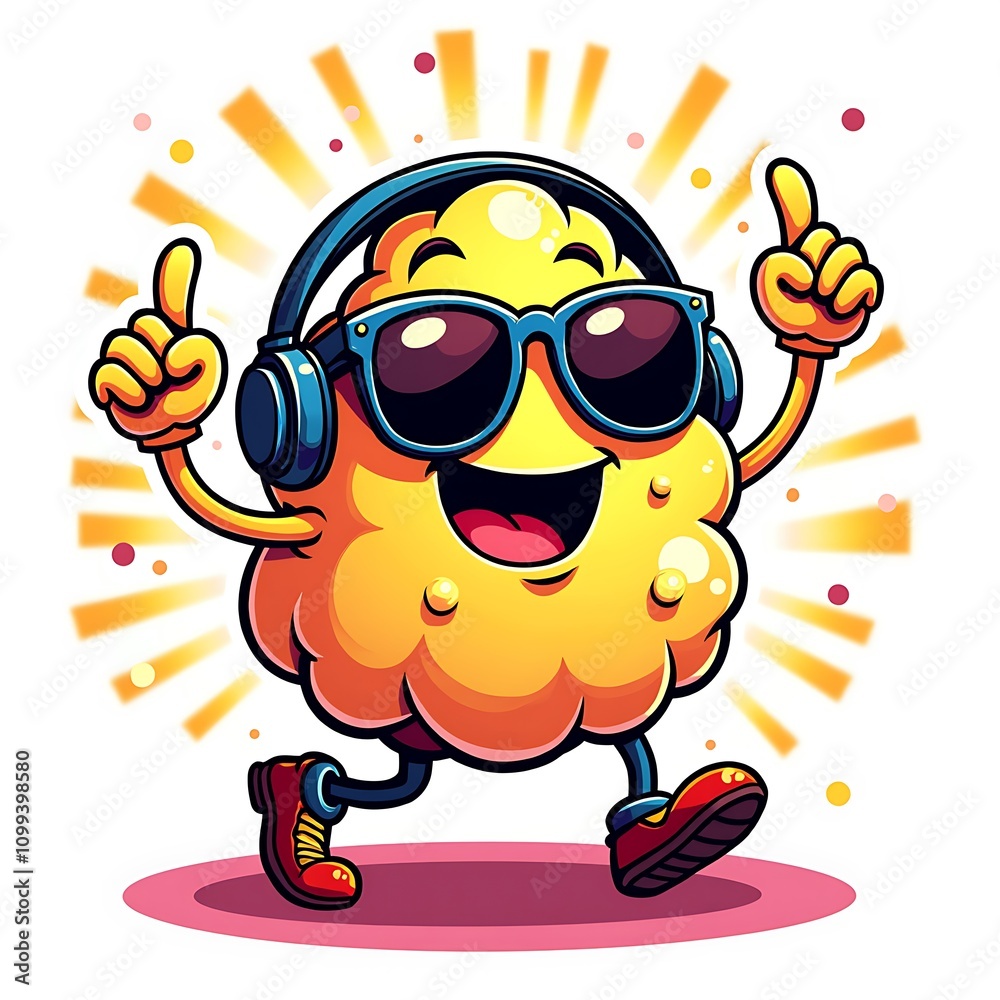 Naklejka premium Art of a whimsical cartoon popcorn kernel wearing sunglasses and headphones, dancing in a vibrant party setting.