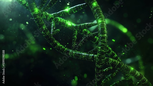 abstract DNA-like structure, bright neon green spirals, dark background, dynamic lines, digital art, sci-fi look, high contrast