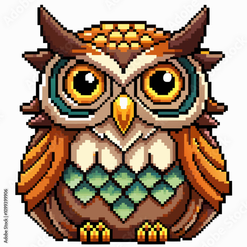 Pixel Art Owl Retro Style Digital Illustration of a Colorful Owl with Big Eyes