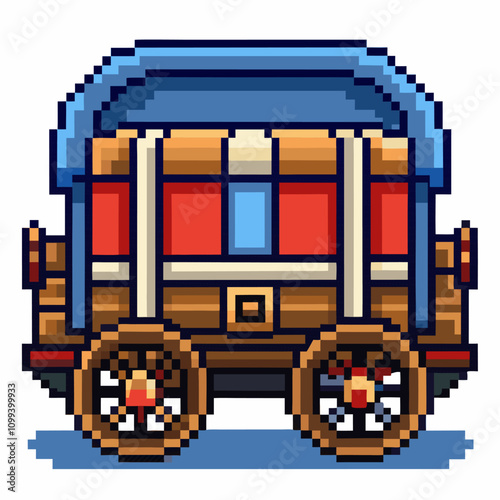 Pixel Art Wagon Retro Old West Wooden Cart in Pixelated Graphic Style for Vintage Game Design