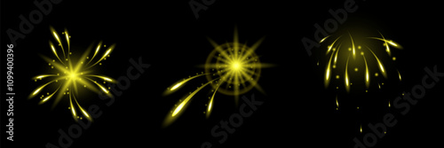 Colorful explosions of confetti or fireworks. A set of glowing stars