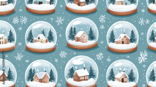 A seamless pattern of snow globes containing cozy winter villages, with gentle snowfall and tiny evergreen trees, set against a frosty blue background.