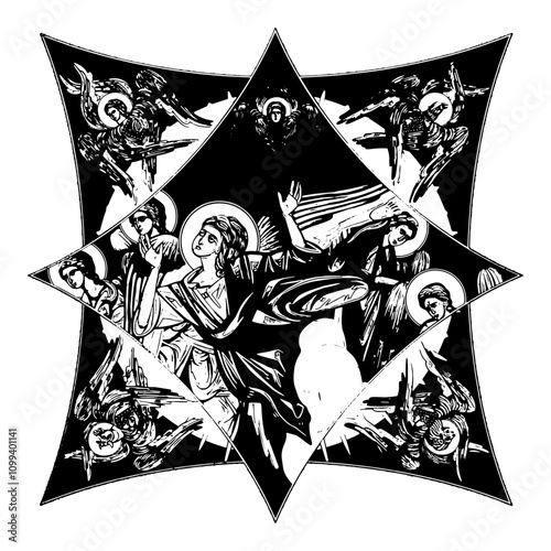 An angel on cross dome with 4 apostles, angels and seraphim. Ink illustration black and white in Byzantine style isolated