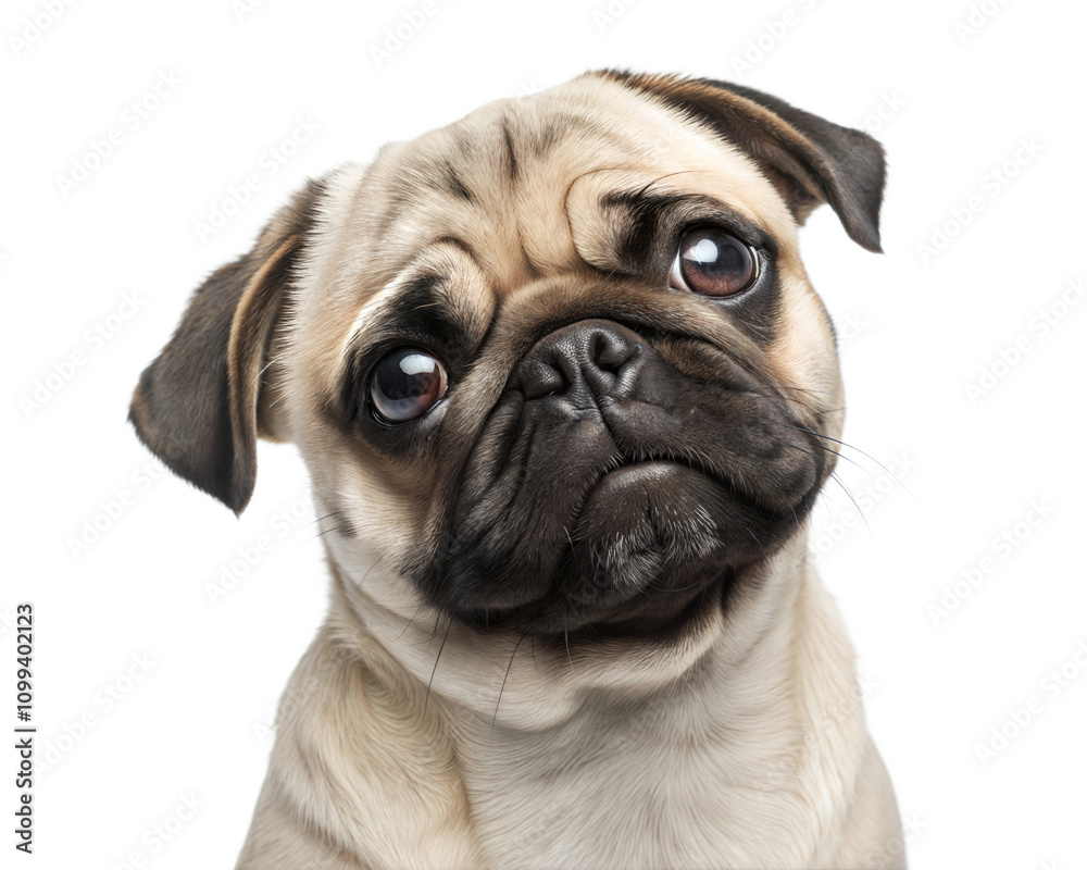 Obraz premium Pug portrait looking at camera isolated on white background. Pug headshot on white