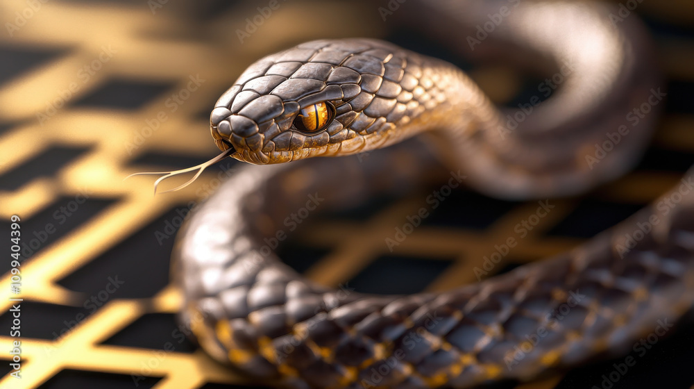 Obraz premium close up of snake with intricate scales and striking golden background, showcasing its elegant form and sharp features. image captures snake mesmerizing eyes and flicking tongue, evoking sense of