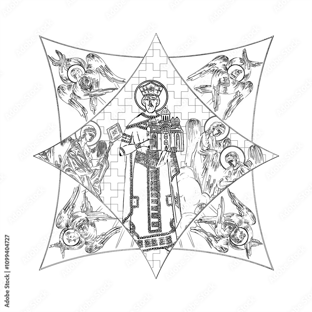 Obraz premium Stefan Lazarevich (name english). Cross dome with 4 apostles, angels and seraphim. Coloring page in Byzantine style