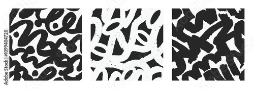 Seamless abstract pattern with dynamic brushstrokes. Black and white design, endless background, repeating print with squiggles. Textures set for fabric, textile, wallpaper. Flat vector illustration