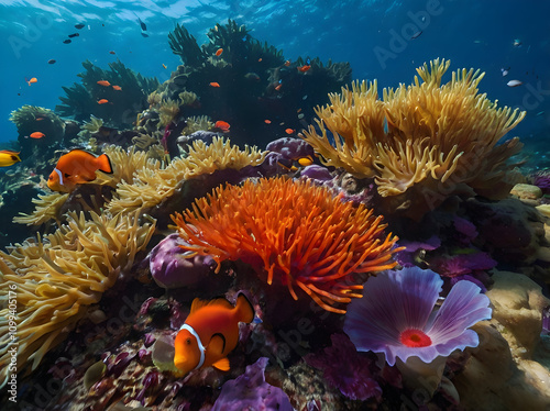 Wallpaper Mural Underwater Garden of Anemones: A lush underwater garden filled with colorful sea anemones in shades of red, orange, and purple, surrounded by clownfish and other small marine life. Torontodigital.ca