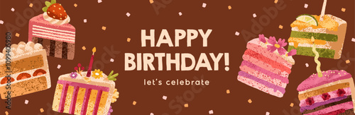 Happy birthday, banner design with festive cake pieces. B-day celebration party, horizontal background with desserts, confectionery. Celebrating bday, anniversary backdrop. Flat vector illustration