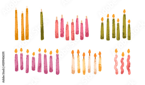 Festive lit candles in modern trendy style. Pillar, curved wavy spiral, cylin...