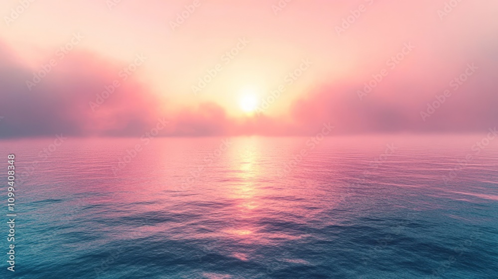 Fototapeta premium Peaceful sunrise over calm ocean, misty pink and purple sky.