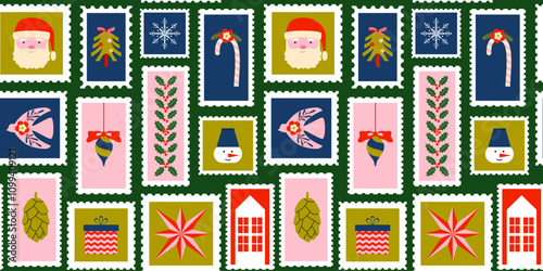 Christmas stamps seamless pattern. Holiday vibes. Geometric Christmas festive elements. New year icons, marks, badges, labels, stickers. Retro vintage background, wallpaper, wrapping paper. Vector.