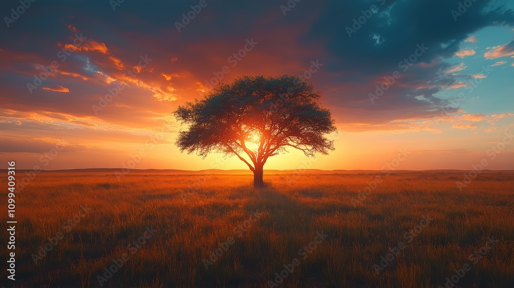 Obraz premium A wide-open savannah with acacia trees and a dramatic sunset, African nature landscape. dramatic lighting.