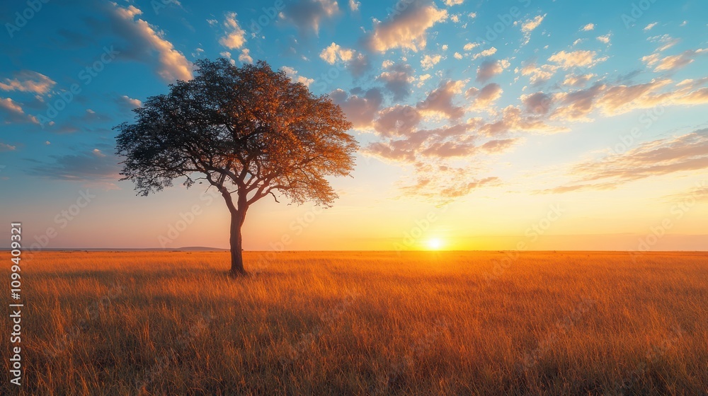 Obraz premium A wide-open savannah with acacia trees and a dramatic sunset, African nature landscape. dramatic lighting.