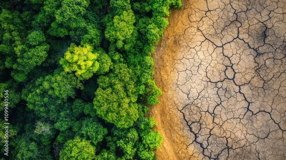 Obraz premium Green forest meets cracked dry soil, showcasing climate change's environmental impact