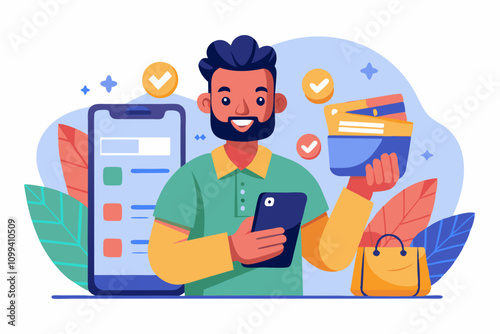 Happy Customer Shopping Online with Mobile Phone and Credit Card Illustration. Cheerful Latin bank customer man shopping online on smartphone