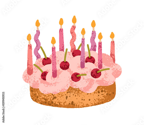 Birthday cake with candles and cherries. Sweet vanilla sponge dessert with fluffy whipped cream, festive decoration. Holiday confectionery. Flat vector illustration isolated on white background