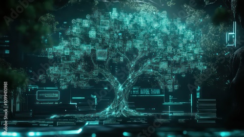 Digital Knowledge Tree: Futuristic Data Visualization with Books and Glowing Tech Interface