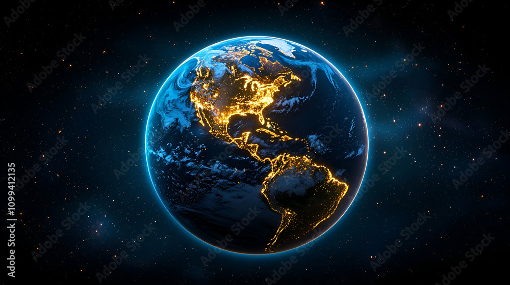 Obraz premium A vibrant, illuminated view of Earth from space, showcasing continents highlighted against a dark starry background.