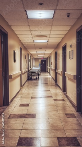 Wallpaper Mural Empty hospital corridor with tiled floor, beige walls, and closed doors. Torontodigital.ca