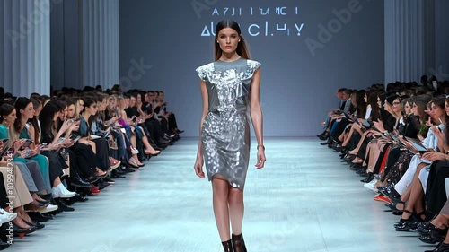 gentle zoom video of a fashion show with models in metallic outfits under studio lighting, creating a dazzling effect