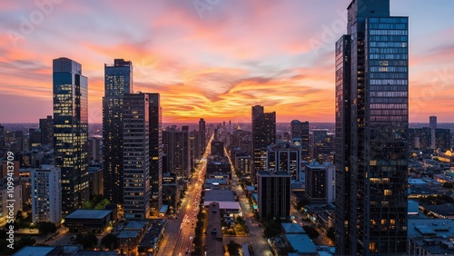 Wallpaper Mural Generative AI, Modern Metropolis at Sunset with Reflective Skyscrapers Torontodigital.ca