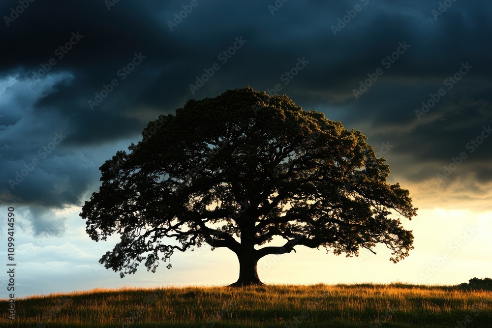 Obraz premium A lone, silhouetted tree stands tall against a dramatic, stormy sky.
