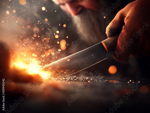 A skilled blacksmith intently sharpening a knife the blade flashing in the flickering firelight as sparks dance in the air photo