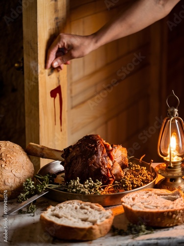 A symbolic representation of the Passover story from the Bible, where lamb's blood is applied to the doorpost during the Exodus. Bread, herbs, and meat are laid on a table lit by a glowing oil lamp.