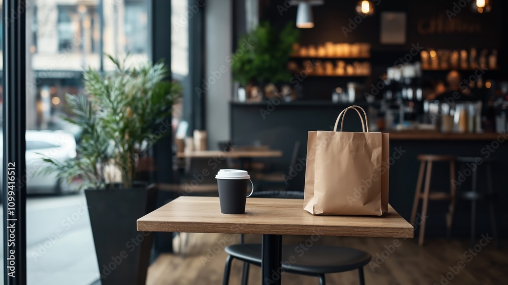 Fototapeta premium Interior of a modern cafe with a wooden table, takeaway coffee cup, and paper bag, shelves with bottles, plants, and blurred urban street view through large windows visible.