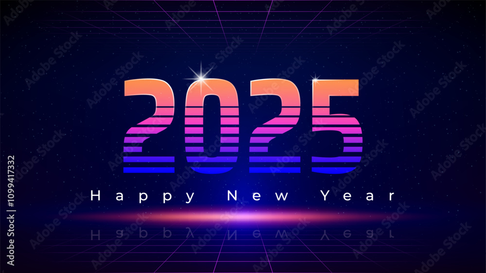 Fototapeta premium Happy New Year 2025, 25. New Year greeting card. Retro futuristic tech design, 80s style. Neon color. Orange purple magenta numbers 2025, starry sky background, mesh, grid floor. Vector illustration