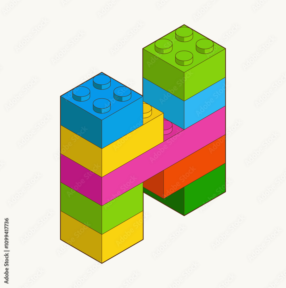 Obraz premium Letter N from Plastic building blocks. Colored bricks isolated on white background. Vector isometric 3d illustration.