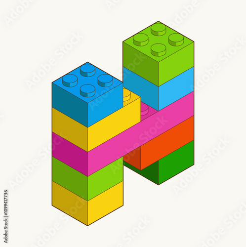 Letter N from Plastic building blocks. Colored bricks isolated on white background. Vector isometric 3d illustration.