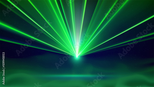 Laser light show. Bright led laser beams, smoke, dj light party. Blue illuminated stage, green led strobe lights. Background, backdrop for displaying products. Vector illustration