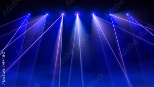 Laser light show. Bright led laser beams, smoke, dj light party. Illuminated blue stage, led strobe lights. Blue background, backdrop for displaying products. Vector illustration