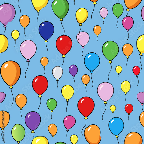 Balloons, many colors, different sizes, full area, blue background, seamless vector file.