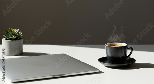 Contemporary home office setup featuring minimalist desk arrangement with laptop, designer coffee cup and concrete planter. Clean, professional workspace bathed in soft natural lighting