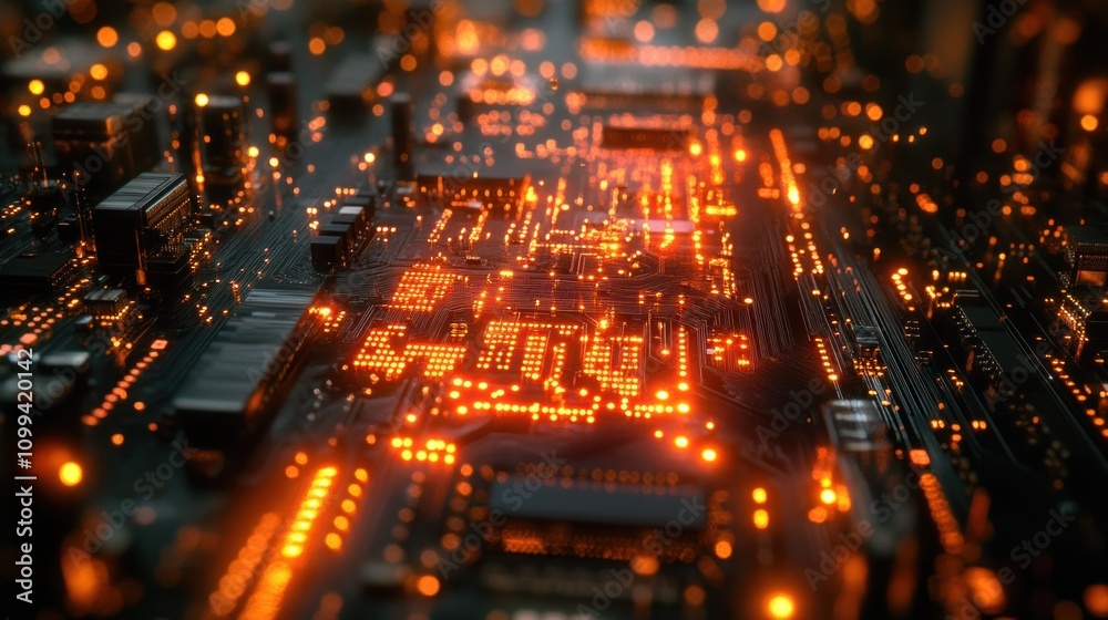 A close-up shot of a circuit board with glowing lights. A close-up shot of a circuit board with glowing lights.