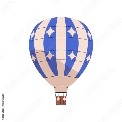 Hot air balloon flying up. Aerostat, aerial transport. Hotair baloon with basket. Adventure, travel by retro airship in flight. Flat graphic vector illustration isolated on white background