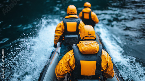 Adrenaline Rush: Three adventurers in bright yellow life vests navigate a powerful river in a fast-moving inflatable boat. The image captures the thrill and intensity of the experience.  photo